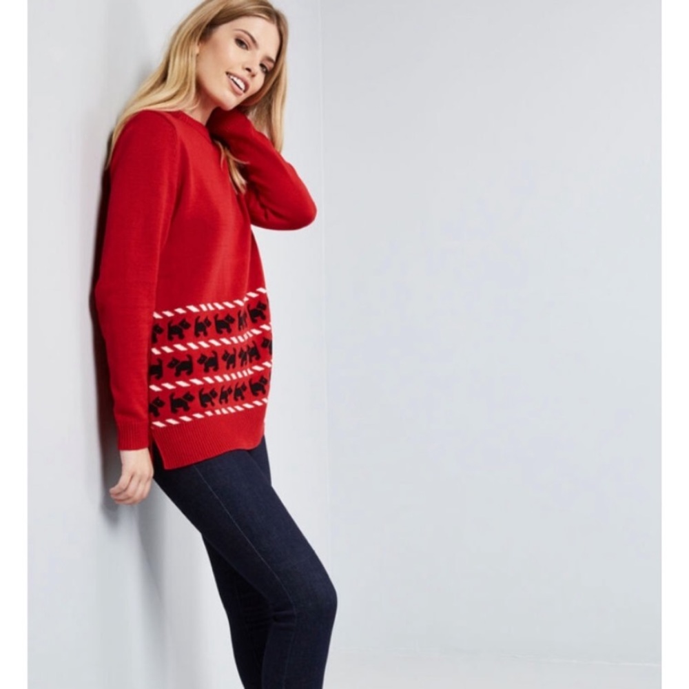 ModCloth Red Whimsically Warm Scotty Puppy Dog Animal Print Long Sleeve Sweater